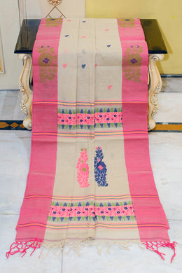 Woven Jamdani Nakshi Work Border Premium Quality Bengal Handloom Cotton Saree in Coconut Milk, Flamingo Pink and Multicolored