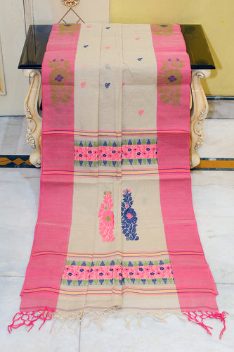 Woven Jamdani Nakshi Work Border Premium Quality Bengal Handloom Cotton Saree in Coconut Milk, Flamingo Pink and Multicolored