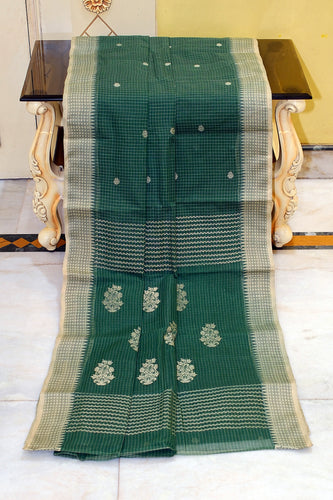Medium Size Thread Nakshi Border Premium Quality Bengal Handloom Self Micro check Cotton Saree in Gable Green and Vanilla Beige