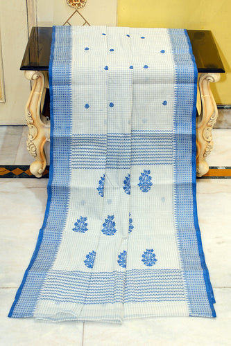 Medium Size Thread Nakshi Border Premium Quality Bengal Handloom Self Micro check Cotton Saree in Off White and Denim Blue