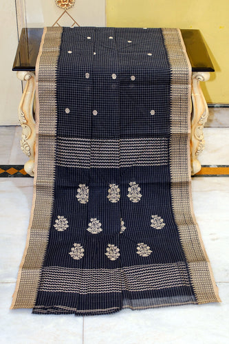 Medium Size Thread Nakshi Border Premium Quality Bengal Handloom Self Micro check Cotton Saree in Ebony and Burly Wood