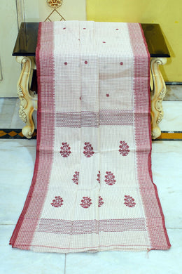 Medium Size Thread Nakshi Border Premium Quality Bengal Handloom Self Micro check Cotton Saree in Off White and Maroon