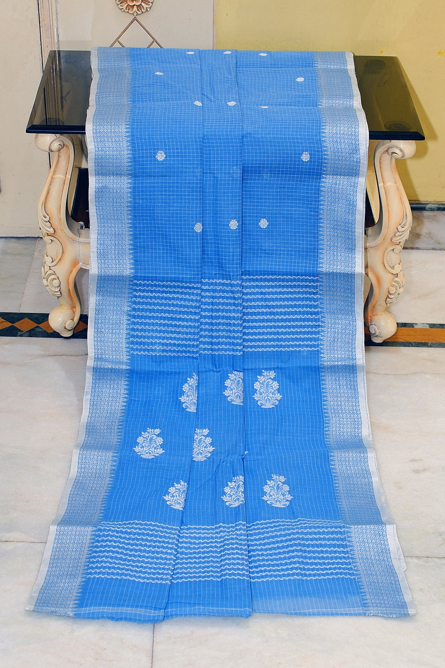 Medium Size Thread Nakshi Border Premium Quality Bengal Handloom Self Micro check Cotton Saree in Havelock Blue and Platinum White