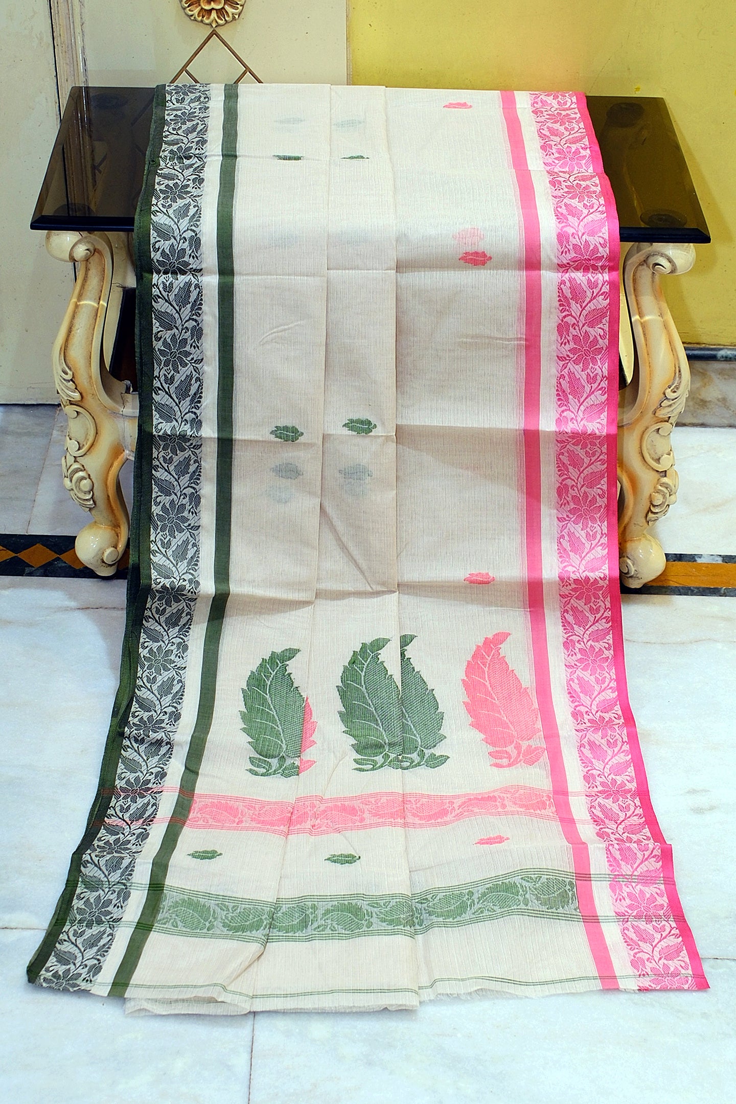 Bengal Handloom Cotton Bomkai Leaf and Floral Nakshi Work Saree in Pearl Bush, Dark Green and Cranberry Pink