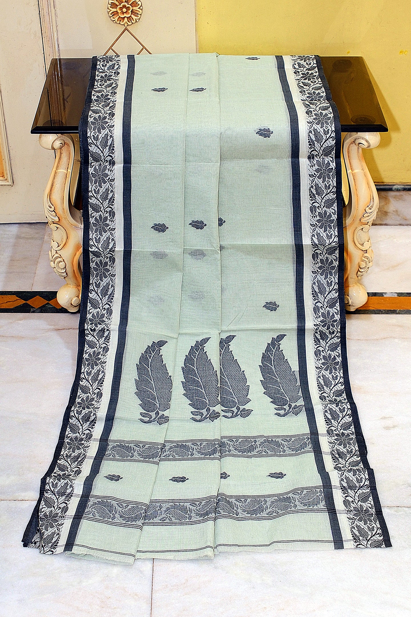 Bengal Handloom Cotton Bomkai Leaf and Floral Nakshi Work Saree in Sea Mist, Off White and Black