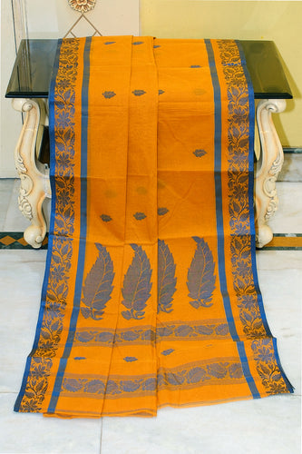 Bengal Handloom Cotton Bomkai Leaf and Floral Nakshi Work Saree in Golden Bell and Cerulean Blue