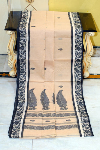 Bengal Handloom Cotton Bomkai Leaf and Floral Nakshi Work Saree in Warm Beige, Off White and Black
