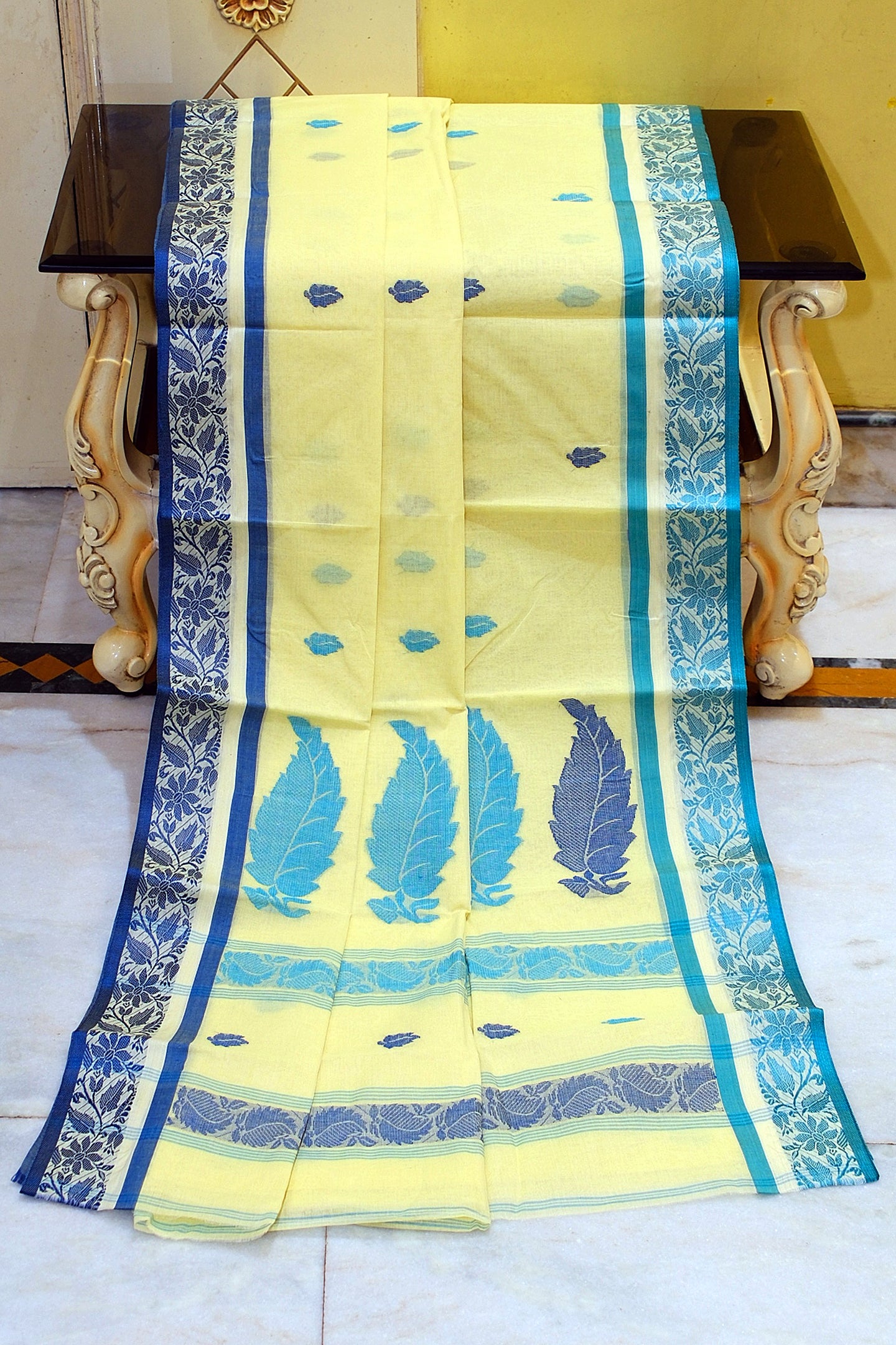 Bengal Handloom Cotton Bomkai Leaf and Floral Nakshi Work Saree in Pastel Yellow, Denim Blue and Turquoise
