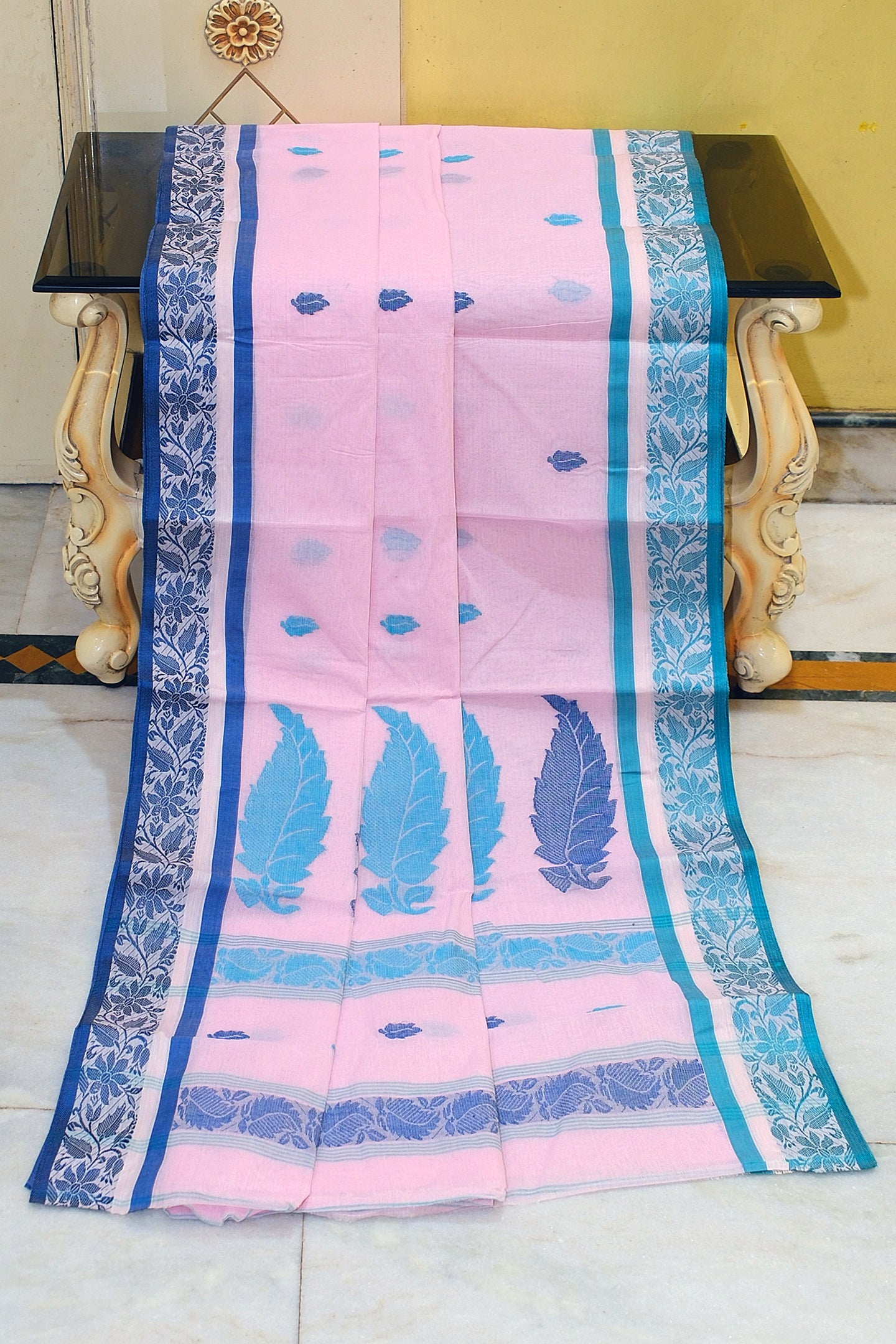 Bengal Handloom Cotton Bomkai Leaf and Floral Nakshi Work Saree in Pastel Pink, Cloud Burst Blue and Picton Blue