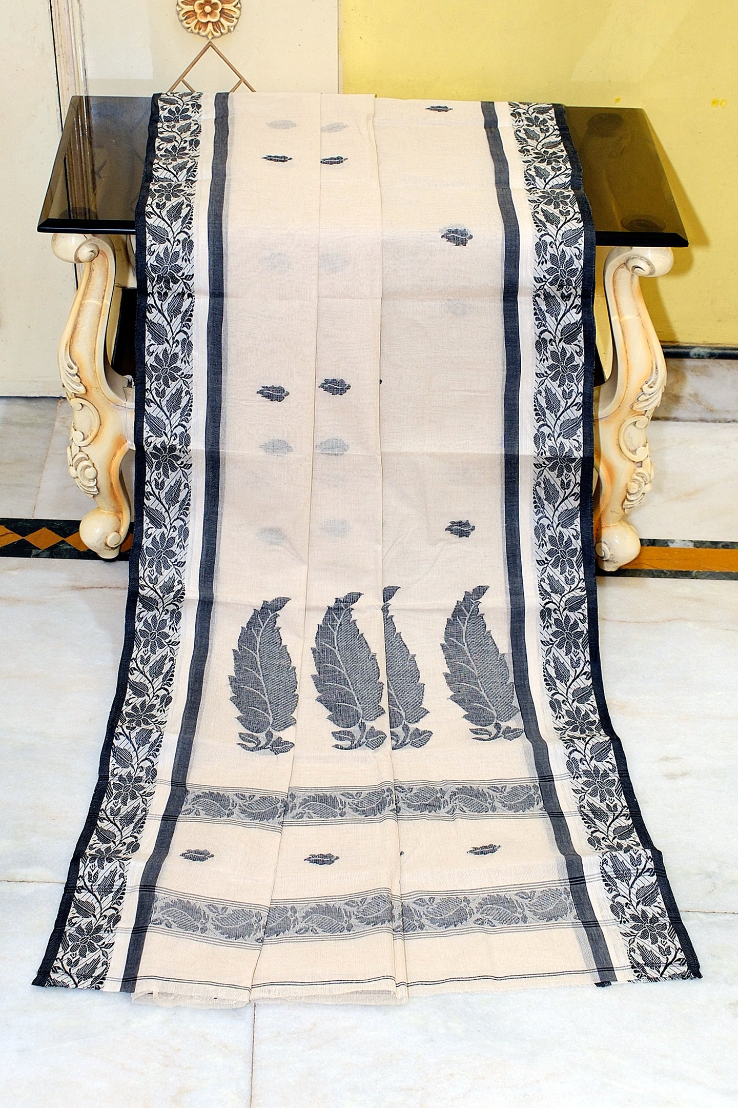 Bengal Handloom Cotton Bomkai Leaf and Floral Nakshi Work Saree in Albescent White, Off White and Black