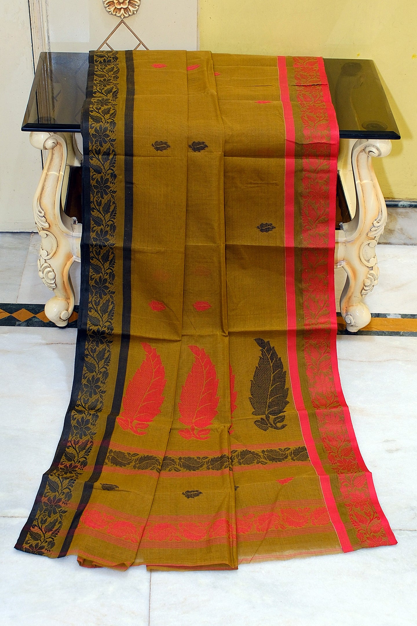Bengal Handloom Cotton Bomkai Leaf and Floral Nakshi Work Saree in Antique Bronze, Black and Red