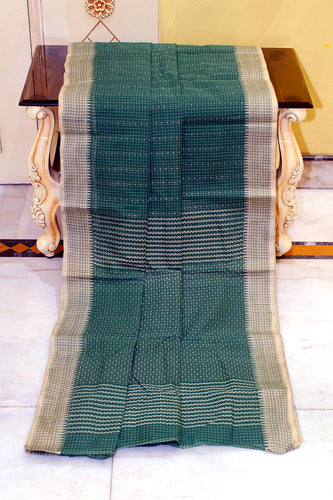 Premium Quality Bengal Handloom Self Micro check with Polka dots Soft Cotton Saree in Timber Green and Beige