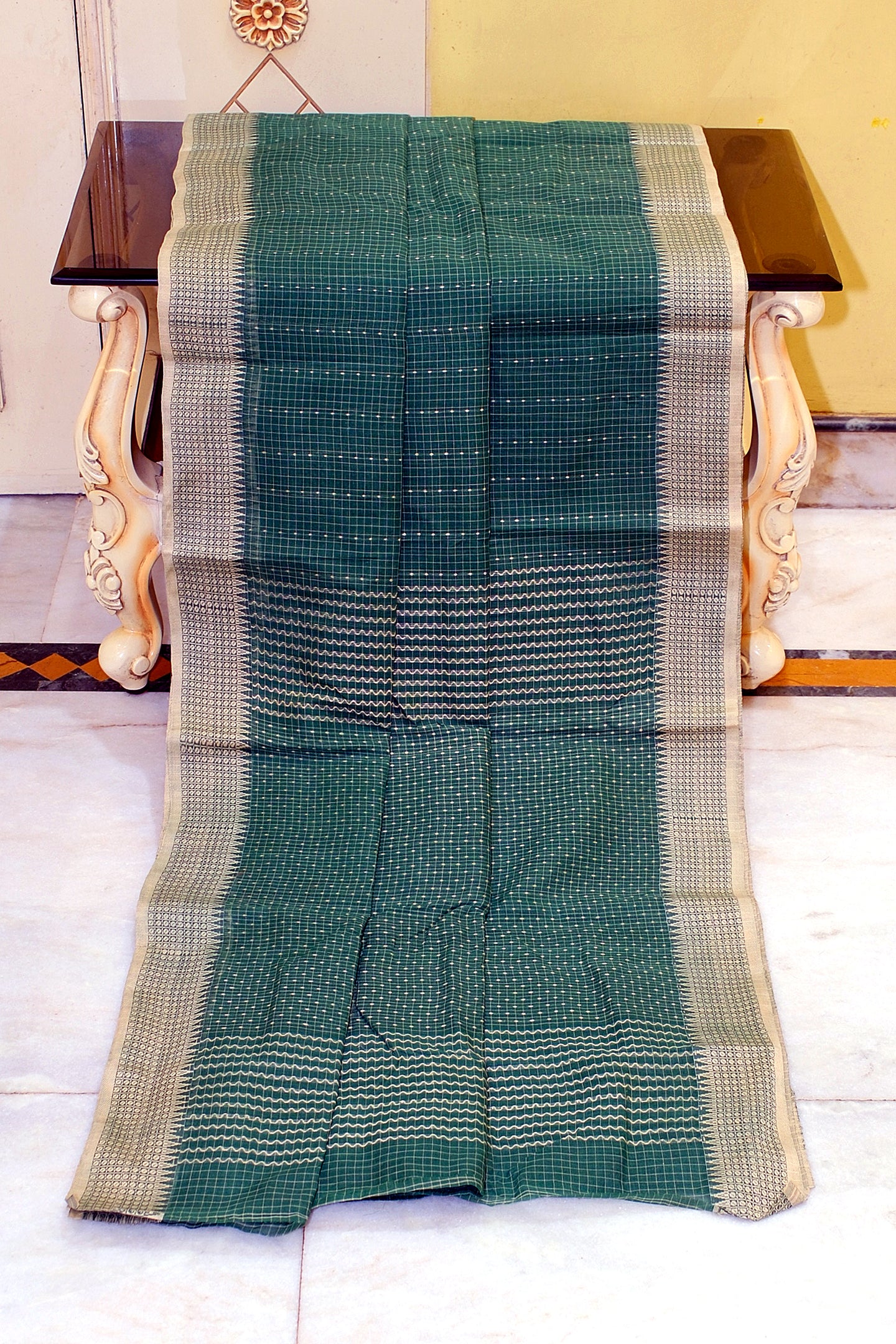Premium Quality Bengal Handloom Self Micro check with Polka dots Soft Cotton Saree in Timber Green and Beige