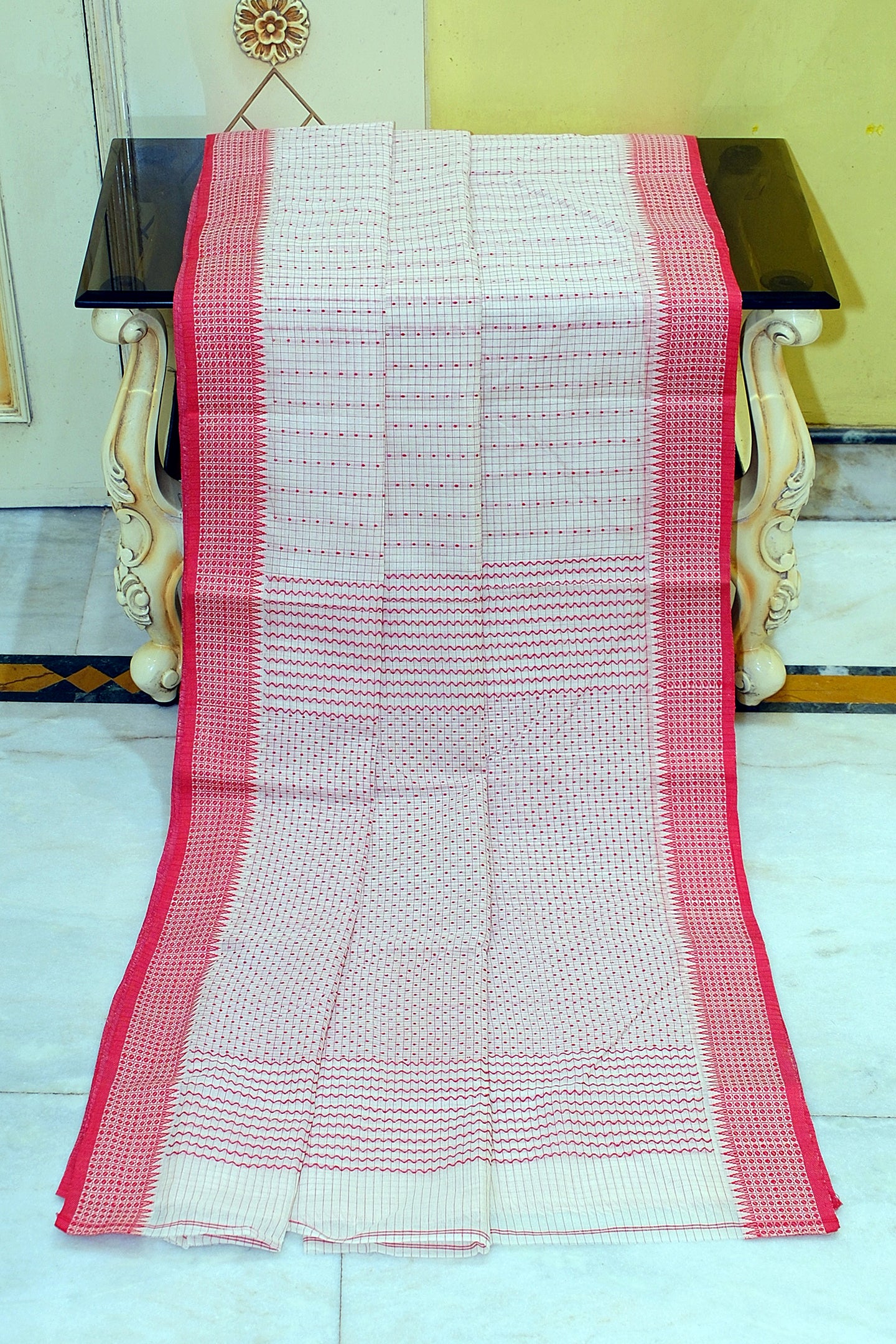 Premium Quality Bengal Handloom Self Micro check with Polka dots Soft Cotton Saree in Off White and Red