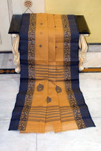 Woven Matta Nakshi Border Premium Quality Bengal Handloom Cotton Saree in Mustard Orange and Midnight Blue