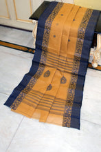 Woven Matta Nakshi Border Premium Quality Bengal Handloom Cotton Saree in Mustard Orange and Midnight Blue