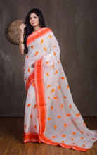 Bengal Handloom Cotton Saree with Leaf Motif Embroidery Work in Off White and Orange