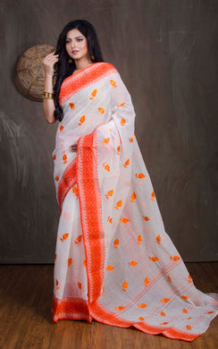 Bengal Handloom Cotton Saree with Leaf Motif Embroidery Work in Off White and Orange