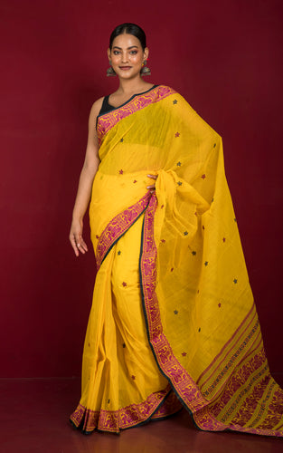 Bengal Handloom Cotton Baluchari Saree in Yellow, Purple and Black