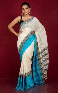 Begampuri Bengal Handloom Nakshi Skirt Border Cotton Saree in Off White, Black and Blue