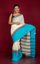 Begampuri Bengal Handloom Nakshi Skirt Border Cotton Saree in Off White, Black and Blue