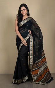 Bengal Handloom Cotton Baluchari Saree in Black, Beige and Amber Orange