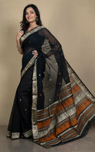 Bengal Handloom Cotton Baluchari Saree in Black, Beige and Amber Orange