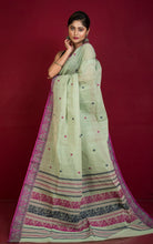 Bengal Handloom Cotton Baluchari Saree in Pistachio Green, Magenta and Midnight Blue