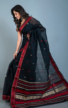 Bengal Handloom Cotton Baluchari Saree in Black, Red and Parchment White