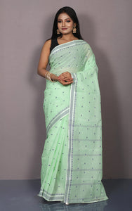 Bengal Handloom Tangail Cotton Saree in Mint Green, Off White and Grey Blue