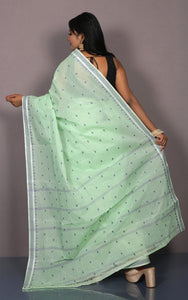 Bengal Handloom Tangail Cotton Saree in Mint Green, Off White and Grey Blue