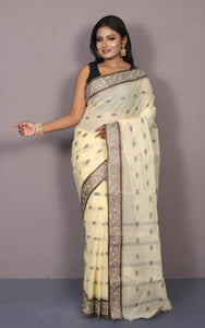 Bengal Tangail Cotton Saree in Cream and Brown