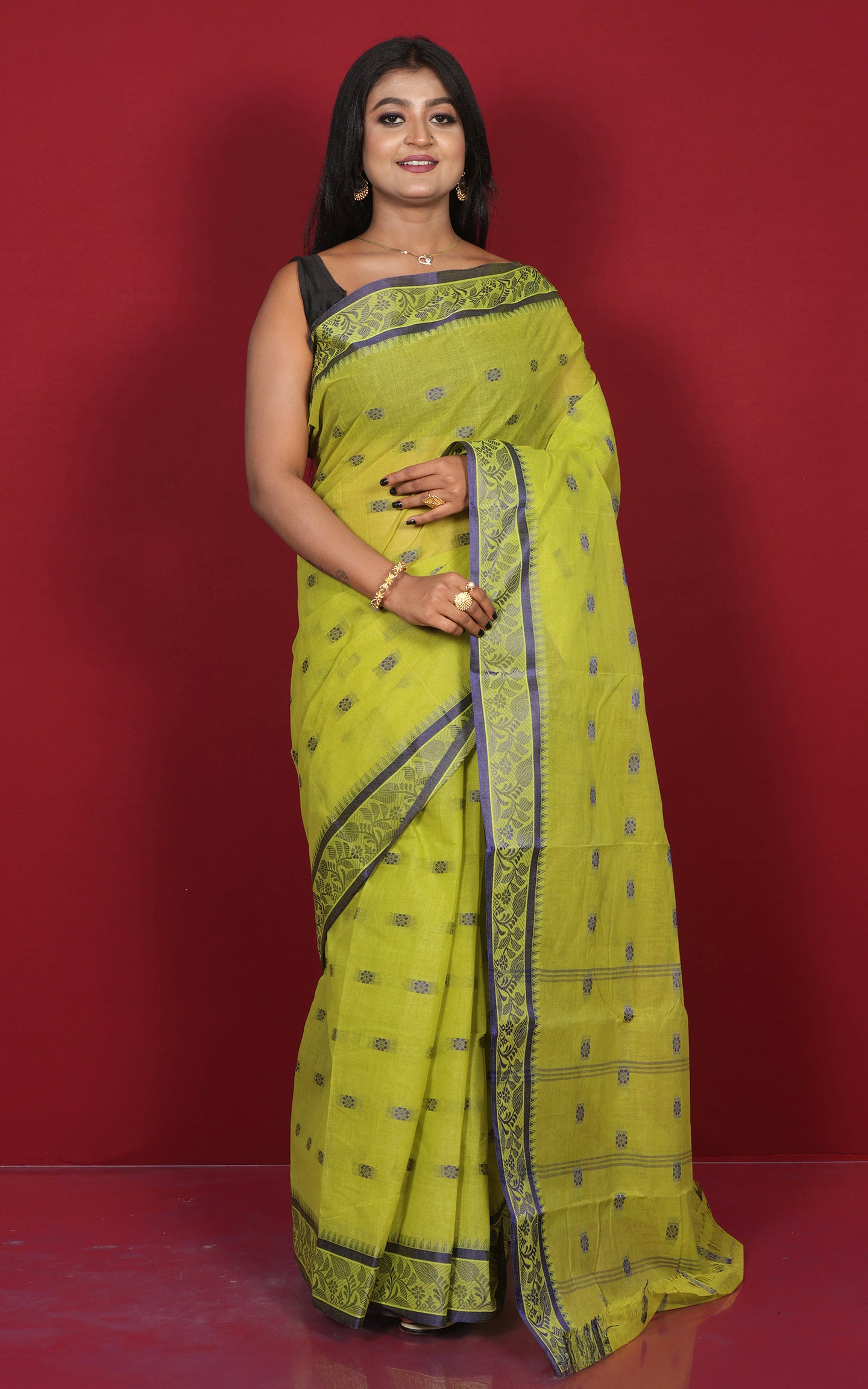 Bengal Tangail Cotton Saree in Pear Green and Grey Blue