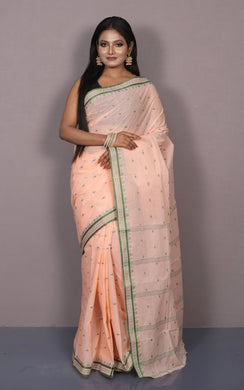 Bengal Tangail Cotton Saree in Light Peach and Green