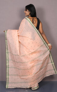 Bengal Tangail Cotton Saree in Light Peach and Green