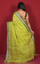 Bengal Tangail Cotton Saree in Pear Green and Grey Blue