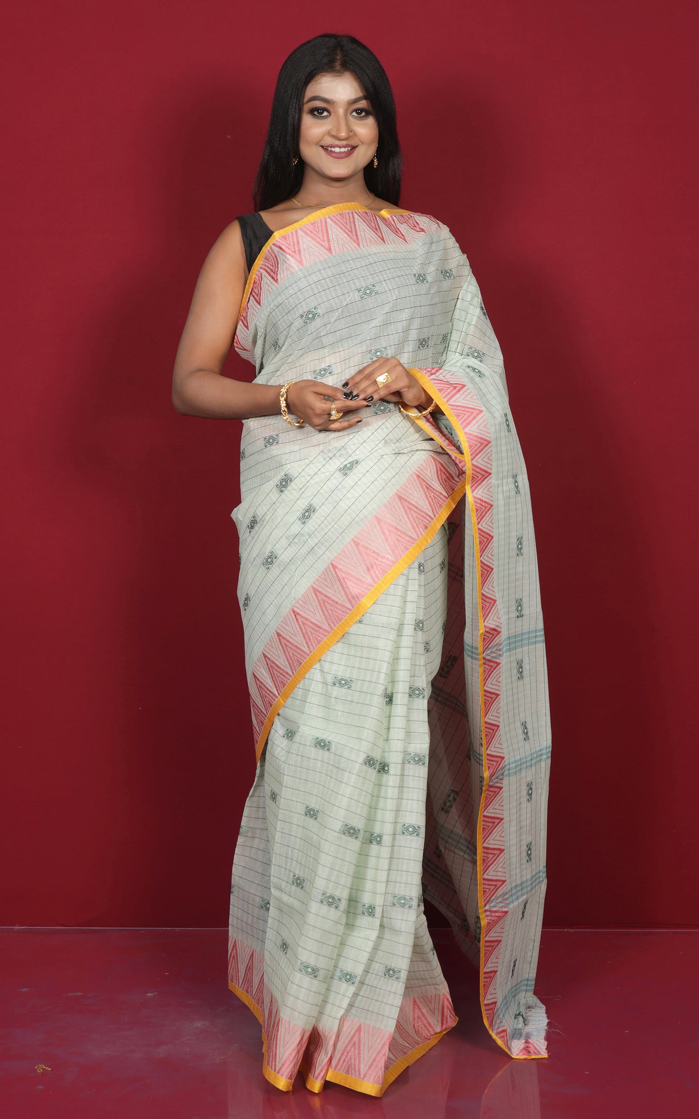 Bengal Tangail Cotton Saree in Off White, Pastel Red, Black and Beige