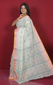 Bengal Tangail Cotton Saree in Off White, Pastel Red, Black and Beige