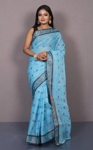 Bengal Handloom Tangail Cotton Saree in Sky Blue and Dark Brown