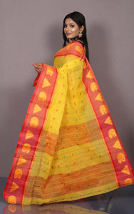 Bengal Tangail Cotton Saree in Yellow, Red, Green and Matte Yellow