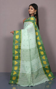 Bengal Tangail Cotton Saree in Paste Green, Green and Matte Yellow