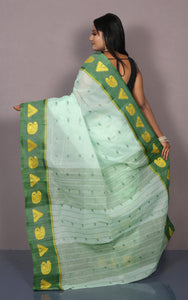 Bengal Tangail Cotton Saree in Paste Green, Green and Matte Yellow