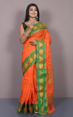 Bengal Tangail Cotton Saree in Orange, Green and Matte Yellow