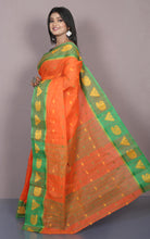 Bengal Tangail Cotton Saree in Orange, Green and Matte Yellow