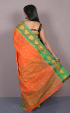 Bengal Tangail Cotton Saree in Orange, Green and Matte Yellow