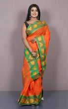 Bengal Tangail Cotton Saree in Orange, Green and Matte Yellow