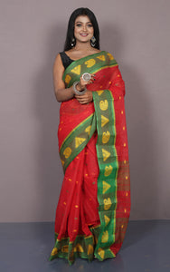 Bengal Tangail Cotton Saree in Red, Green and Matte Yellow