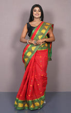 Bengal Tangail Cotton Saree in Red, Green and Matte Yellow