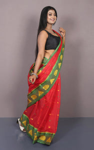 Bengal Tangail Cotton Saree in Red, Green and Matte Yellow