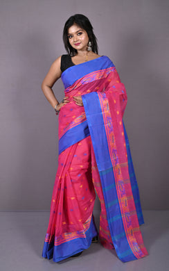 Bengal Tangail Hazar Butti Jacket Matta Thread Nakshi Border Cotton Saree in Cerise Pink, Beige and Warm Blue